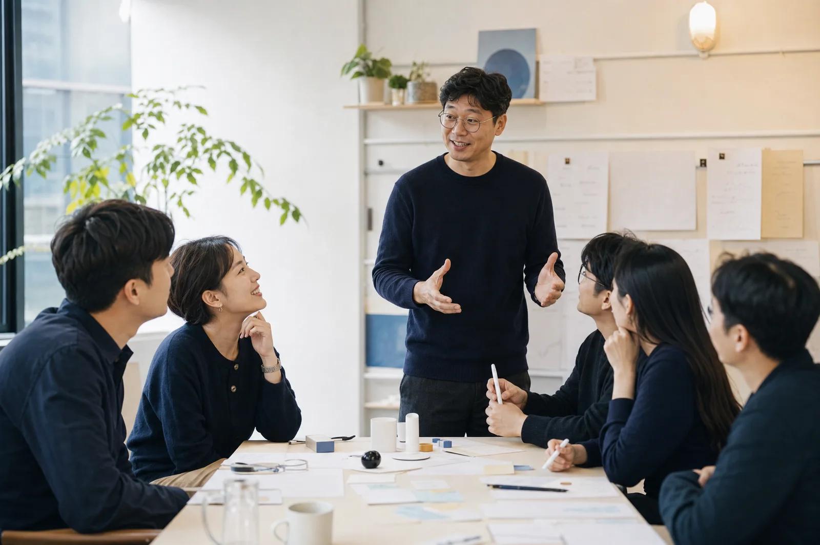 멘토와 참여자들이 함께하는 창업 워크숍의 AI 콘셉트 이미지